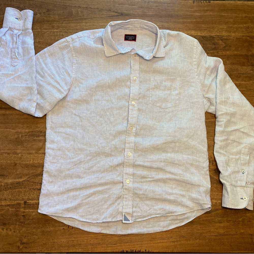 Blue Stripe Linen Shirt, Large Slim Fit